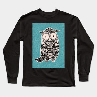 Black and White Folk Art Owl on Teal floral background Long Sleeve T-Shirt